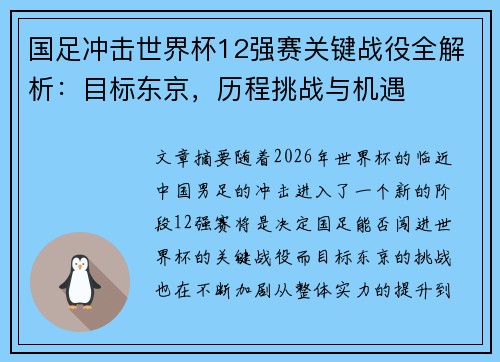 国足冲击世界杯12强赛关键战役全解析：目标东京，历程挑战与机遇