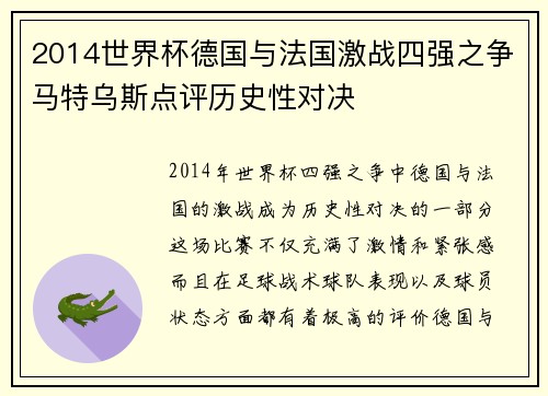 2014世界杯德国与法国激战四强之争马特乌斯点评历史性对决