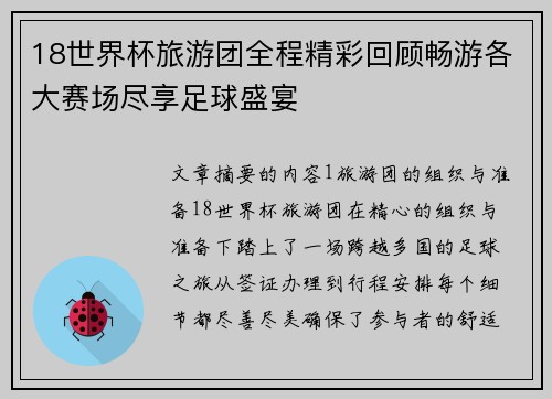 18世界杯旅游团全程精彩回顾畅游各大赛场尽享足球盛宴