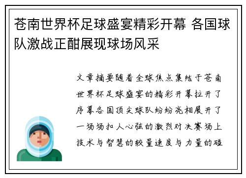 苍南世界杯足球盛宴精彩开幕 各国球队激战正酣展现球场风采