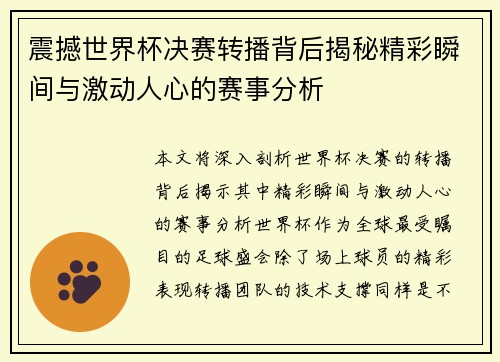 震撼世界杯决赛转播背后揭秘精彩瞬间与激动人心的赛事分析